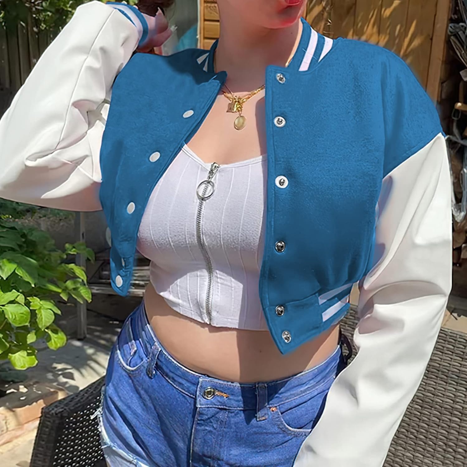 image:imageXaspee Womens Casual Baseball Jacket Faux Leather Colorblock Button Crop Bomber JacketBlue