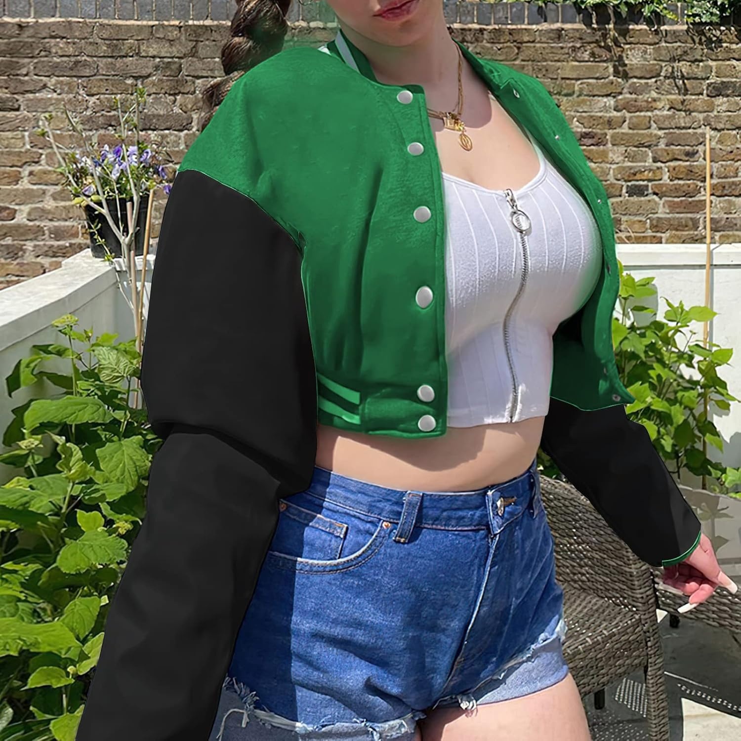 image:imageXaspee Womens Casual Baseball Jacket Faux Leather Colorblock Button Crop Bomber JacketGreen