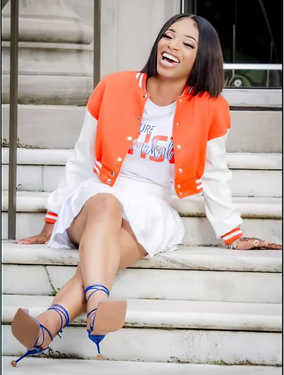 image:imageXaspee Womens Casual Baseball Jacket Faux Leather Colorblock Button Crop Bomber JacketOrange