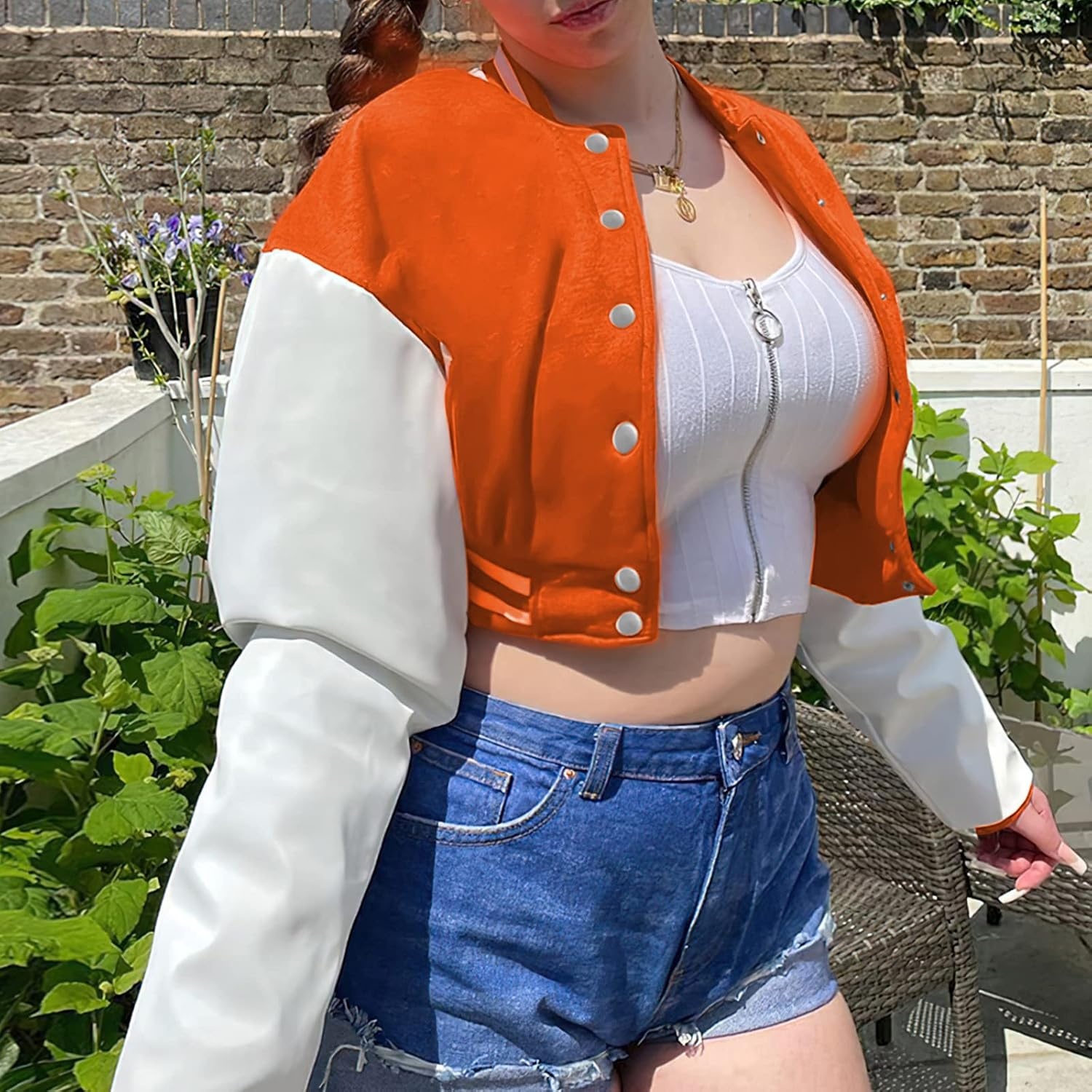 image:imageXaspee Womens Casual Baseball Jacket Faux Leather Colorblock Button Crop Bomber JacketOrange