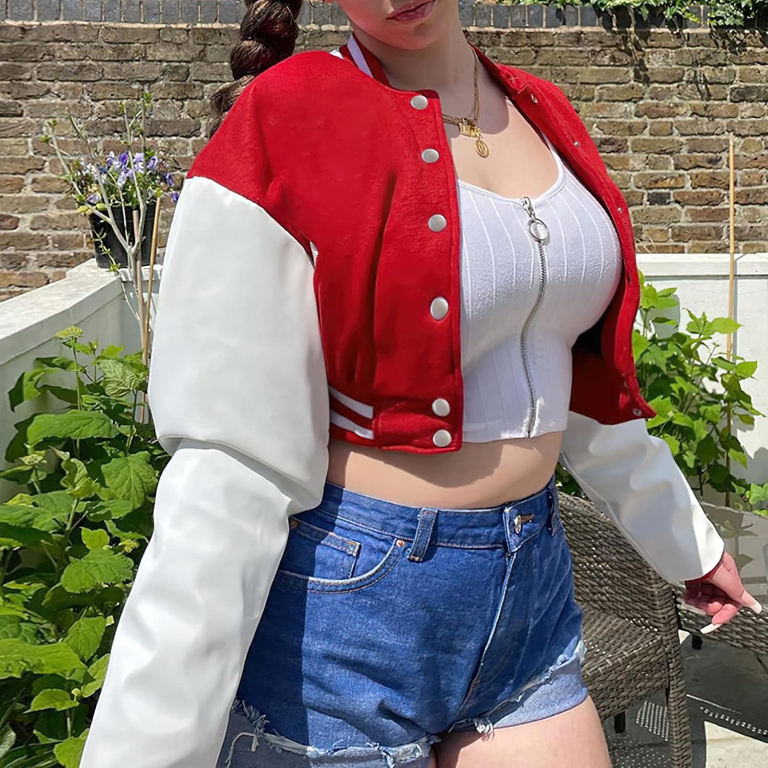image:imageXaspee Womens Casual Baseball Jacket Faux Leather Colorblock Button Crop Bomber JacketRed