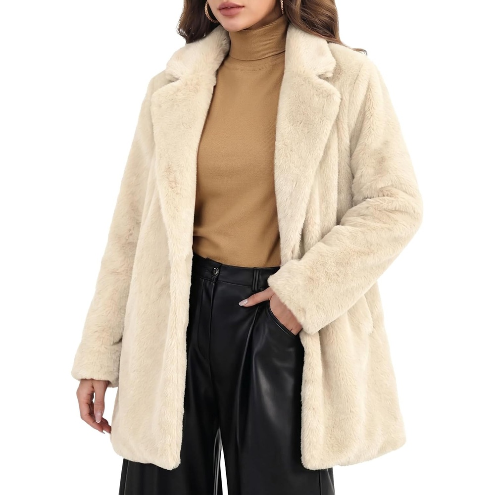 image:imageAllegra K Womens Faux Fur Coat Lapel Warm Winter Casual Long Fluffy Jacket Classic Open Front Design Loose Fit Spring Fall Formal Midthigh Coffee Shop Work OfficeApricot