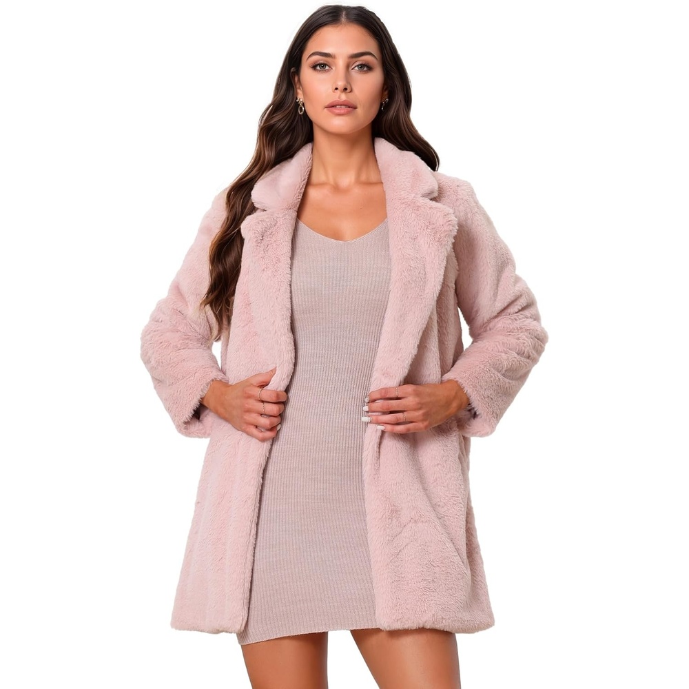 image:imageAllegra K Womens Faux Fur Coat Lapel Warm Winter Casual Long Fluffy Jacket  Classic Open Front Design Loose Fit Spring Fall Formal Midthigh Coffee Shop Work OfficeDusty Pink