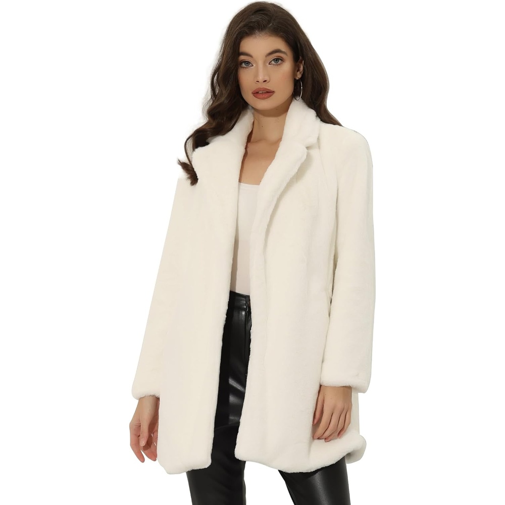 image:imageAllegra K Womens Faux Fur Coat Lapel Warm Winter Casual Long Fluffy Jacket Classic Open Front Design Loose Fit Spring Fall Formal Midthigh Coffee Shop Work OfficeBeige