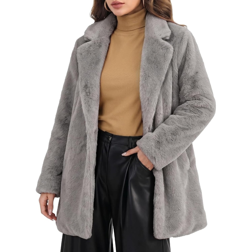 image:imageAllegra K Womens Faux Fur Coat Lapel Warm Winter Casual Long Fluffy Jacket Classic Open Front Design Loose Fit Spring Fall Formal Midthigh Coffee Shop Work OfficeGrey