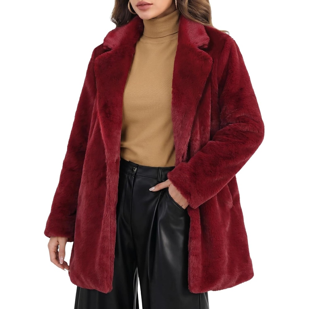 image:imageAllegra K Womens Faux Fur Coat Lapel Warm Winter Casual Long Fluffy Jacket Classic Open Front Design Loose Fit Spring Fall Formal Midthigh Coffee Shop Work OfficeRed