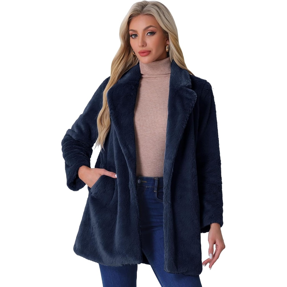 image:imageAllegra K Womens Faux Fur Coat Lapel Warm Winter Casual Long Fluffy Jacket Classic Open Front Design Loose Fit Spring Fall Formal Midthigh Coffee Shop Work OfficeNavy