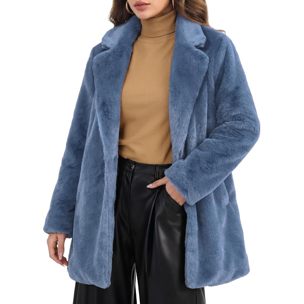 image:imageAllegra K Womens Faux Fur Coat Lapel Warm Winter Casual Long Fluffy Jacket Classic Open Front Design Loose Fit Spring Fall Formal Midthigh Coffee Shop Work OfficeGrey Blue