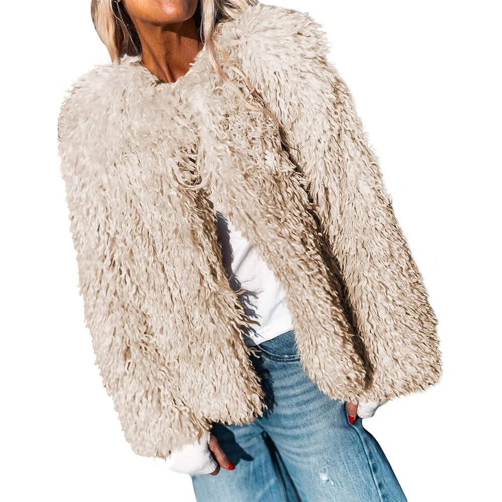 image:imageAoang Womens Faux Fur Jacket Cropped Fleece Warm Outerwear Winter Coat Soft Shaggy Faux Fur with Hook Eye ClosuresPerfect for Fall Layers or Mild Winter DaysElevating Casual Chic LookApricot