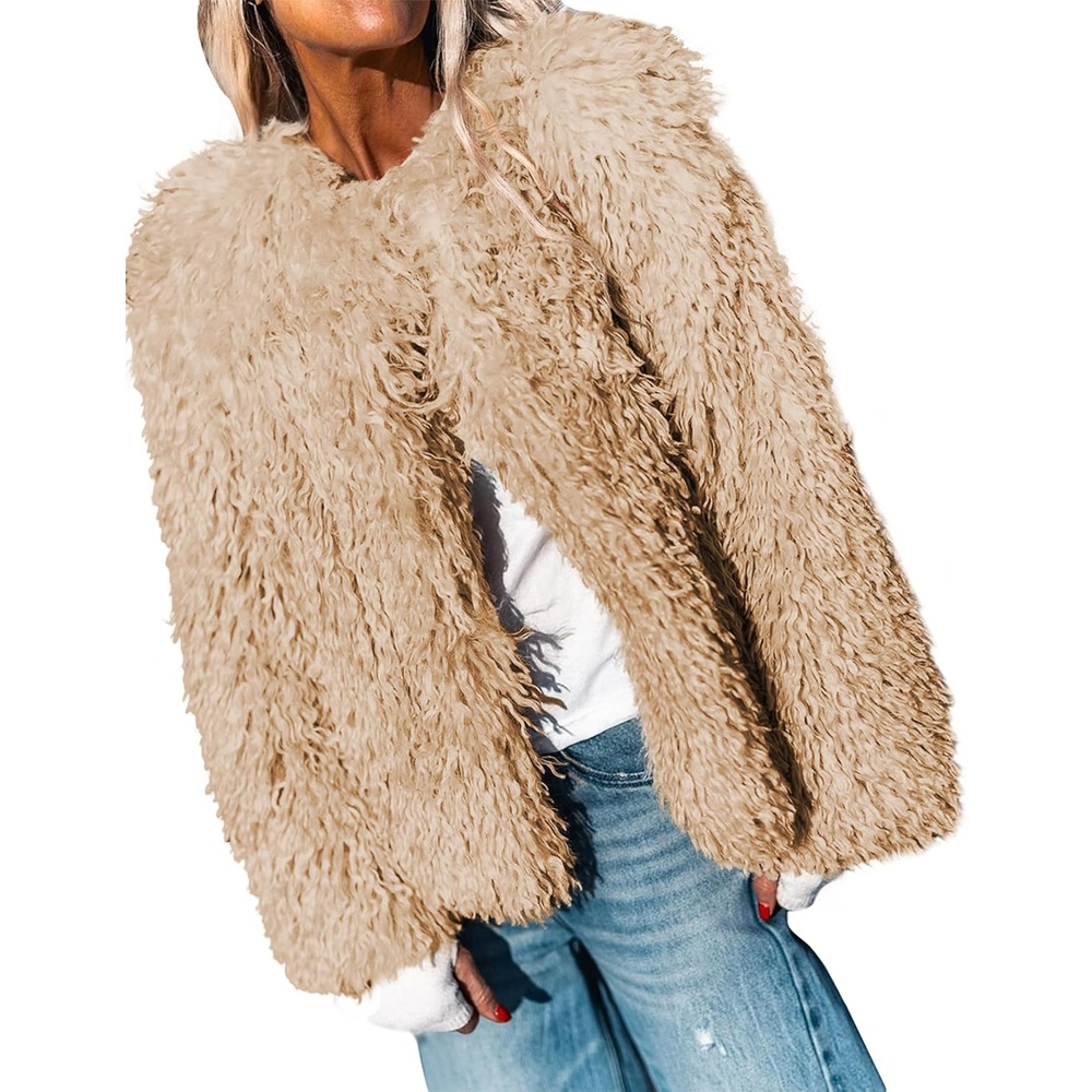 image:imageAoang Womens Faux Fur Jacket Cropped Fleece Warm Outerwear Winter Coat Soft Shaggy Faux Fur with Hook Eye ClosuresPerfect for Fall Layers or Mild Winter DaysElevating Casual Chic LookNude