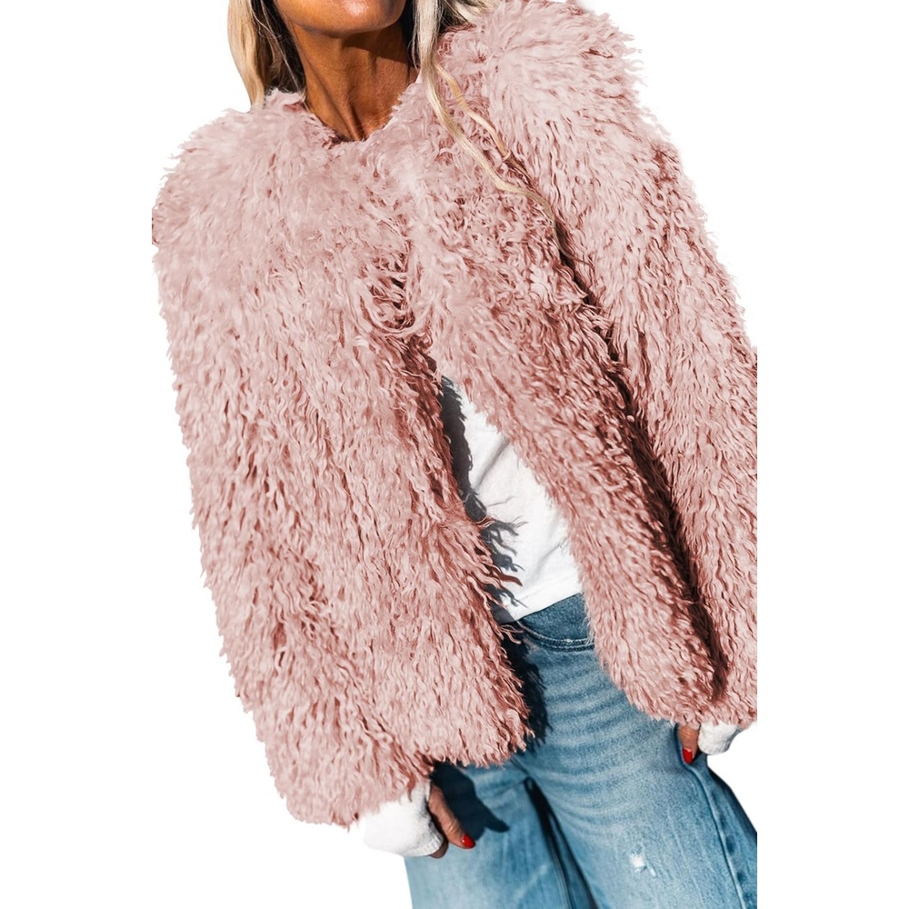 image:imageAoang Womens Faux Fur Jacket Cropped Fleece Warm Outerwear Winter Coat Soft Shaggy Faux Fur with Hook Eye ClosuresPerfect for Fall Layers or Mild Winter DaysElevating Casual Chic LookPink