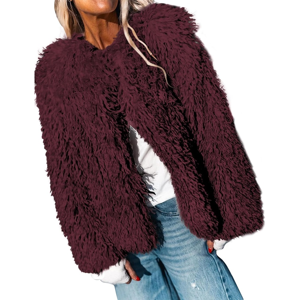 image:imageAoang Womens Faux Fur Jacket Cropped Fleece Warm Outerwear Winter Coat Soft Shaggy Faux Fur with Hook Eye ClosuresPerfect for Fall Layers or Mild Winter DaysElevating Casual Chic LookWine Red