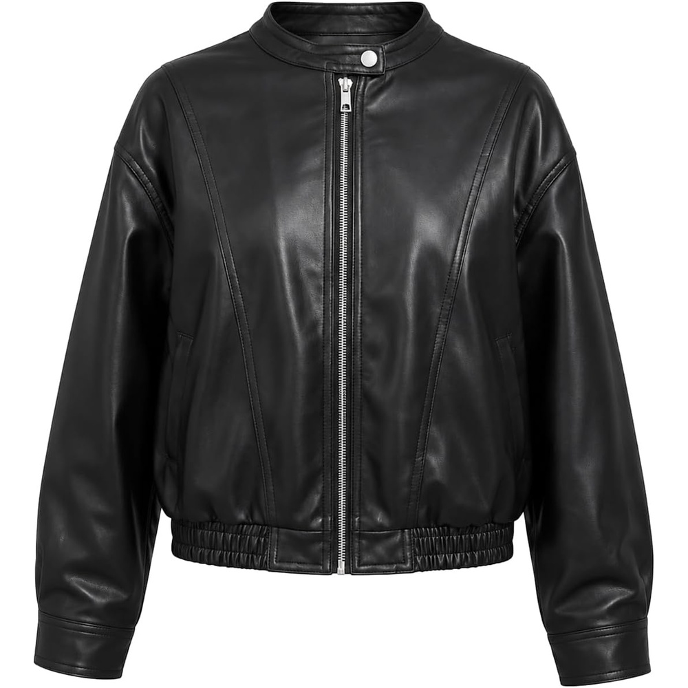 image:imageBellivera Womens Oversized Faux Leather Bomber Motorcycle Casual Jacket Windproof Shell Relaxed Drop Shoulder Snap Zip Closure Urban Street Style Versatile Travel Commute Spring Autumn WearBlack Casual Coat