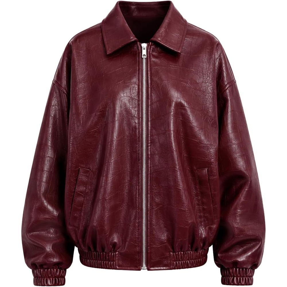 image:imageBellivera Womens Oversized Faux Leather Bomber Motorcycle Casual Jacket Windproof Shell Relaxed Drop Shoulder Snap Zip Closure Urban Street Style Versatile Travel Commute Spring Autumn WearWine Oversized Coat