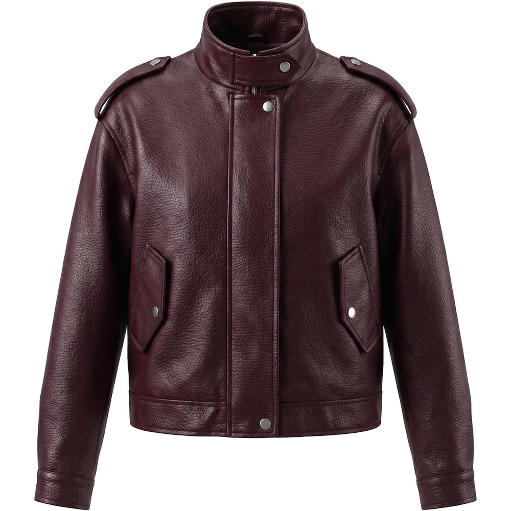 image:imageBellivera Womens Oversized Faux Leather Bomber Motorcycle Casual Jacket Windproof Shell Relaxed Drop Shoulder Snap Zip Closure Urban Street Style Versatile Travel Commute Spring Autumn WearWine Stand Collar