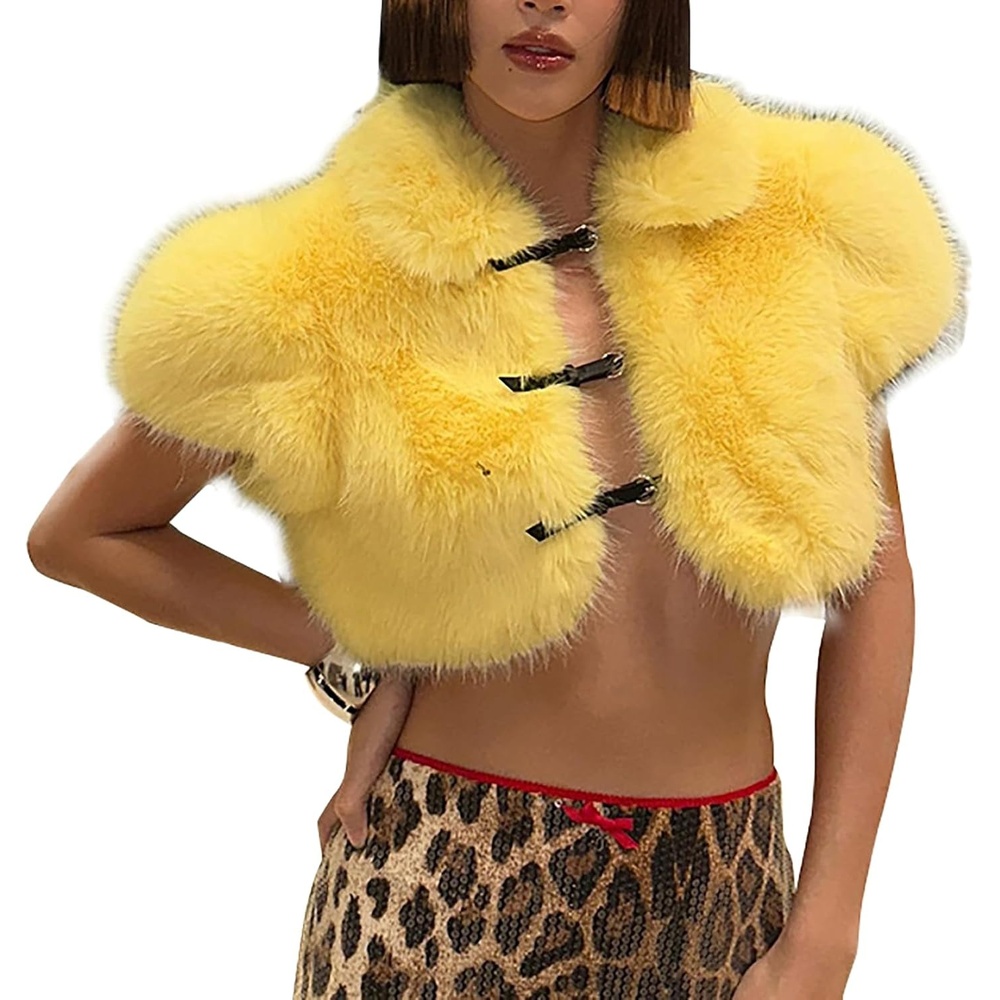 image:imageCORIRESHA Womens Crop Faux Fur Coat Belt Buckles Short Sleeve Shrug Jacket TopYellow