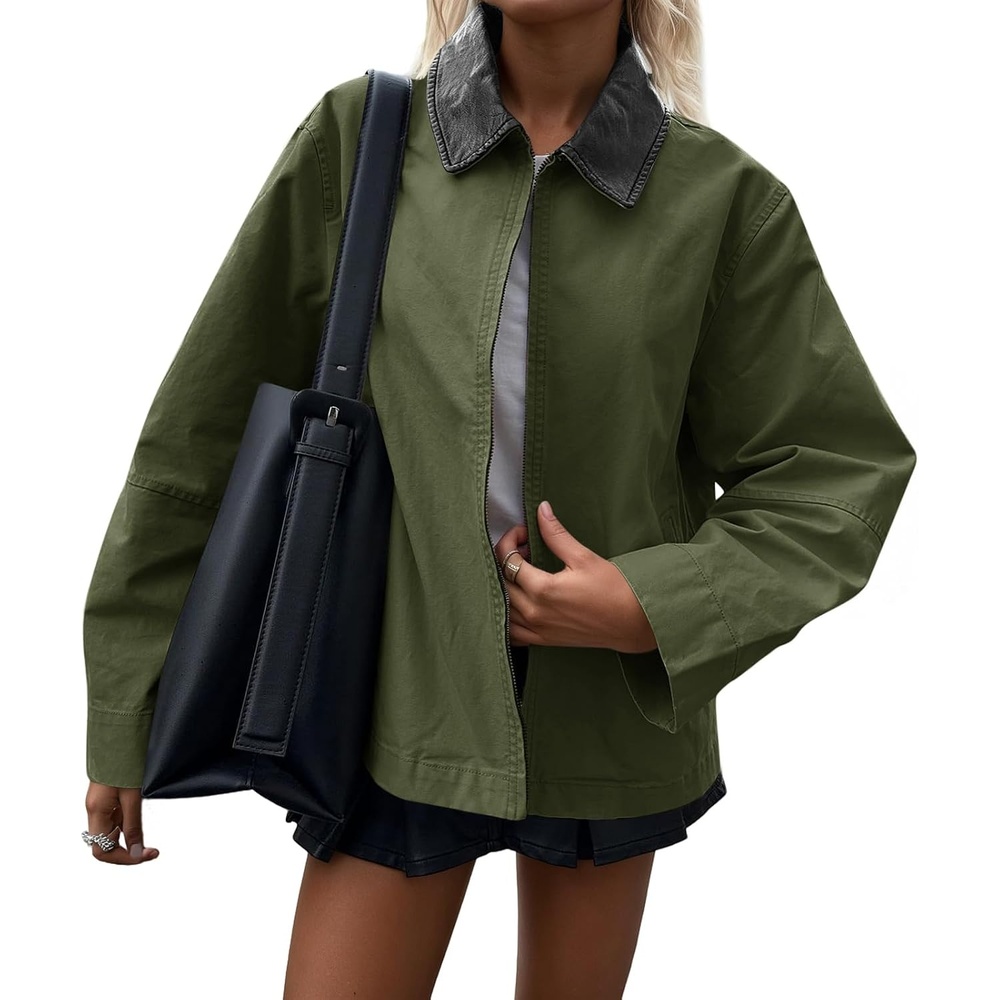 image:imageCicy Bell Women Barn Jacket Zip Up Cotton Canvas Oversized Lightweight Coat Faux Leather Collar Light Weight 100 Cotton Fall FashionArmy Green