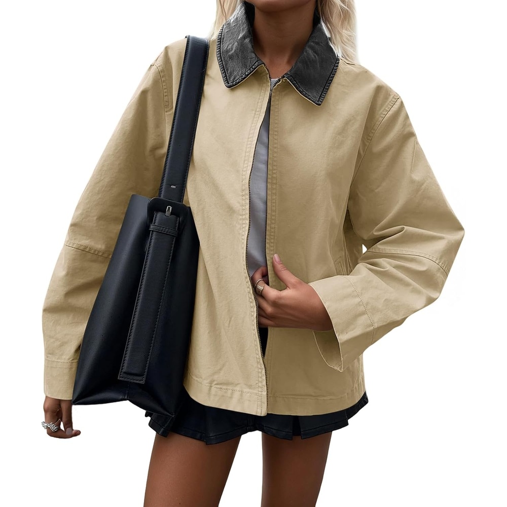 image:imageCicy Bell Women Barn Jacket Zip Up Cotton Canvas Oversized Lightweight Coat  Faux Leather Collar Light Weight 100 Cotton Fall FashionKhaki