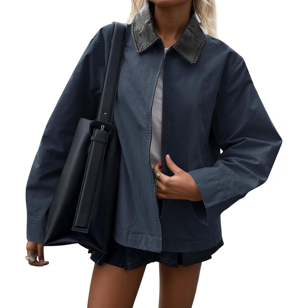 image:imageCicy Bell Women Barn Jacket Zip Up Cotton Canvas Oversized Lightweight Coat  Faux Leather Collar Light Weight 100 Cotton Fall FashionNavy