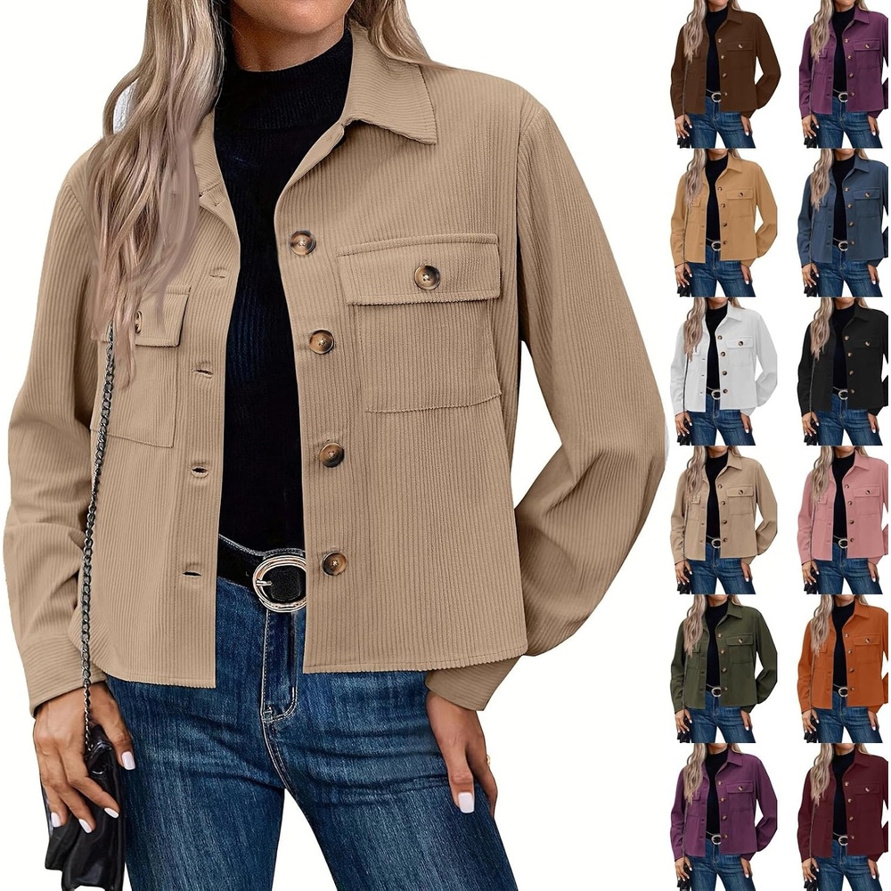 image:imageCorduroy Shacket Women Cropped Button Down Shirts Jacket Casual Fall Long Sleeve Crop Tops Bomber Jacket with PocketsX001beige