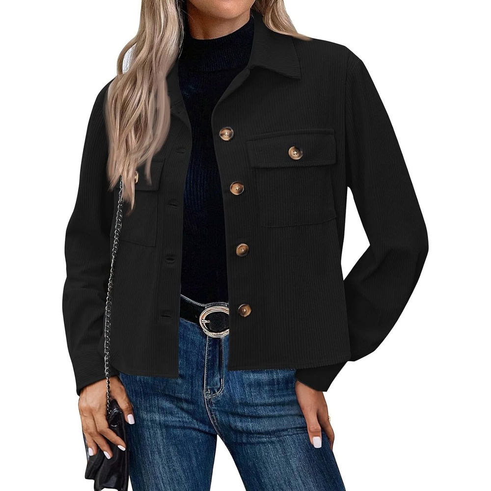 image:imageCorduroy Shacket Women Cropped Button Down Shirts Jacket Casual Fall Long Sleeve Crop Tops Bomber Jacket with PocketsX002black