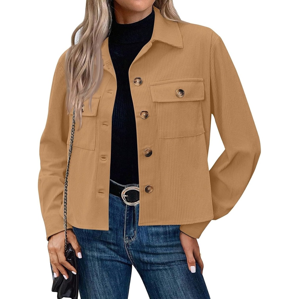 image:imageCorduroy Shacket Women Cropped Button Down Shirts Jacket Casual Fall Long Sleeve Crop Tops Bomber Jacket with PocketsX004khaki