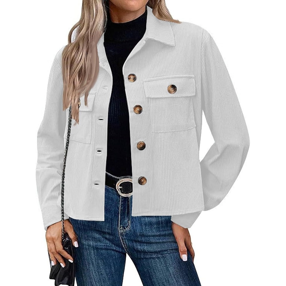 image:imageCorduroy Shacket Women Cropped Button Down Shirts Jacket Casual Fall Long Sleeve Crop Tops Bomber Jacket with PocketsX005white