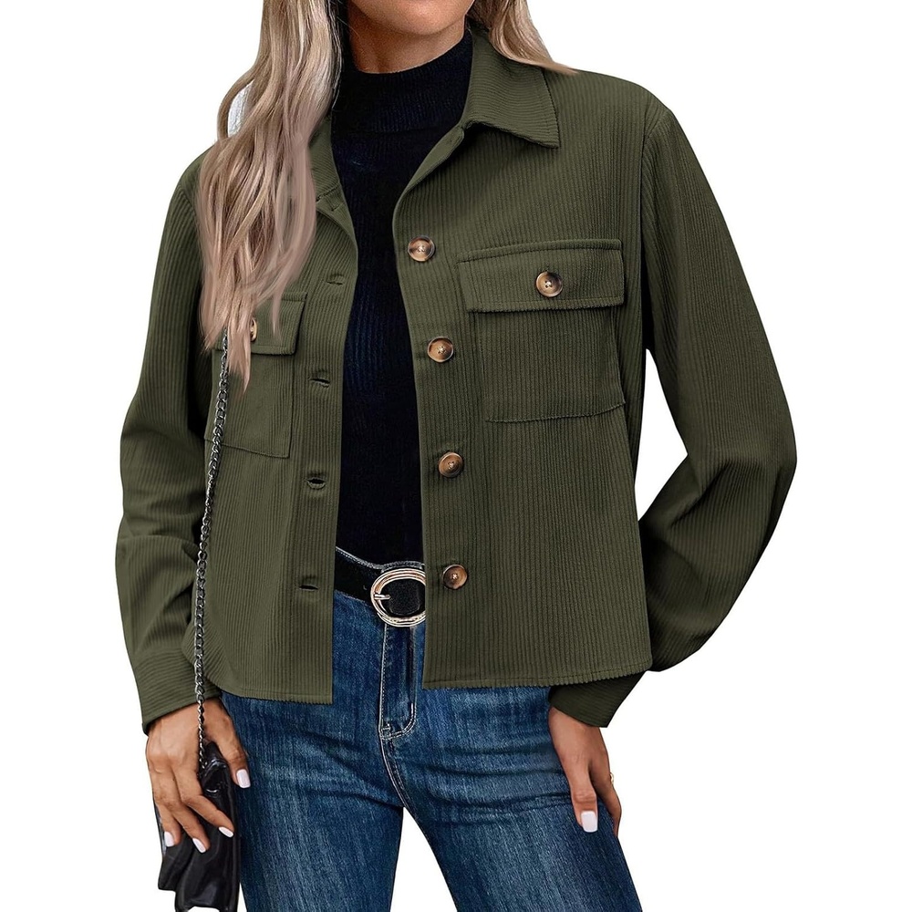 image:imageCorduroy Shacket Women Cropped Button Down Shirts Jacket Casual Fall Long Sleeve Crop Tops Bomber Jacket with PocketsX006army Green
