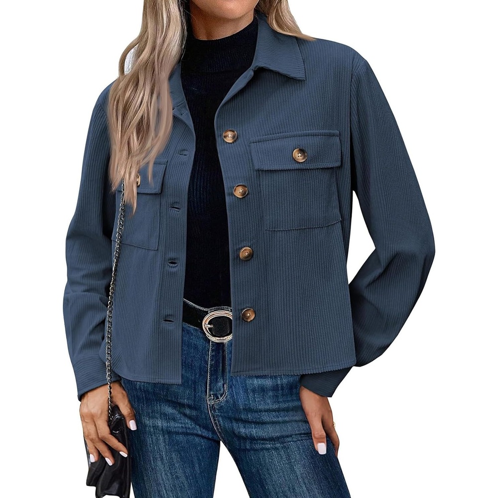 image:imageCorduroy Shacket Women Cropped Button Down Shirts Jacket Casual Fall Long Sleeve Crop Tops Bomber Jacket with PocketsX007dark Blue