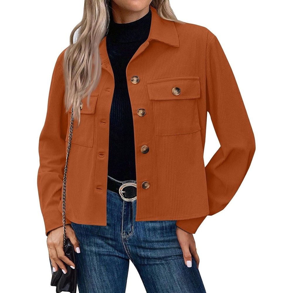 image:imageCorduroy Shacket Women Cropped Button Down Shirts Jacket Casual Fall Long Sleeve Crop Tops Bomber Jacket with PocketsX008orange