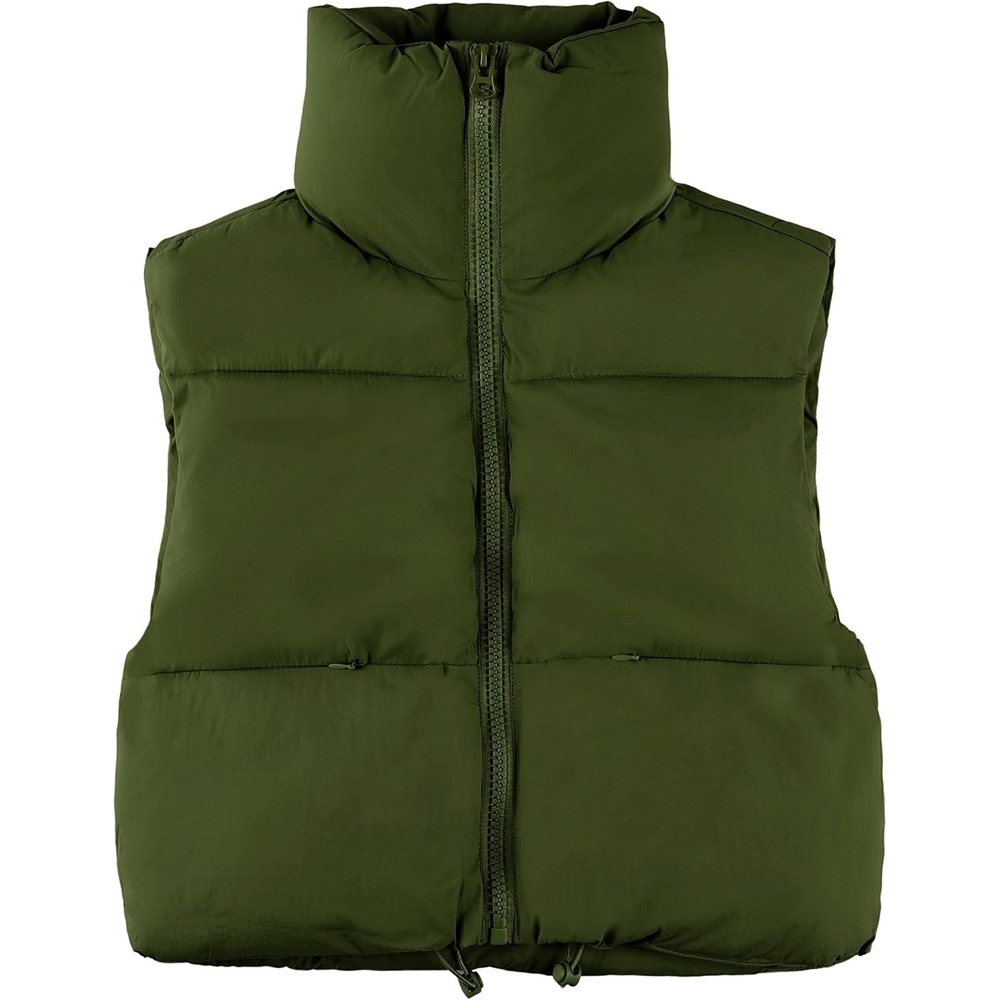 image:imageCropped Puffer Vest Women Zip Up Stand Collar Sleeveless Padded Crop Puffy VestsArmygreen