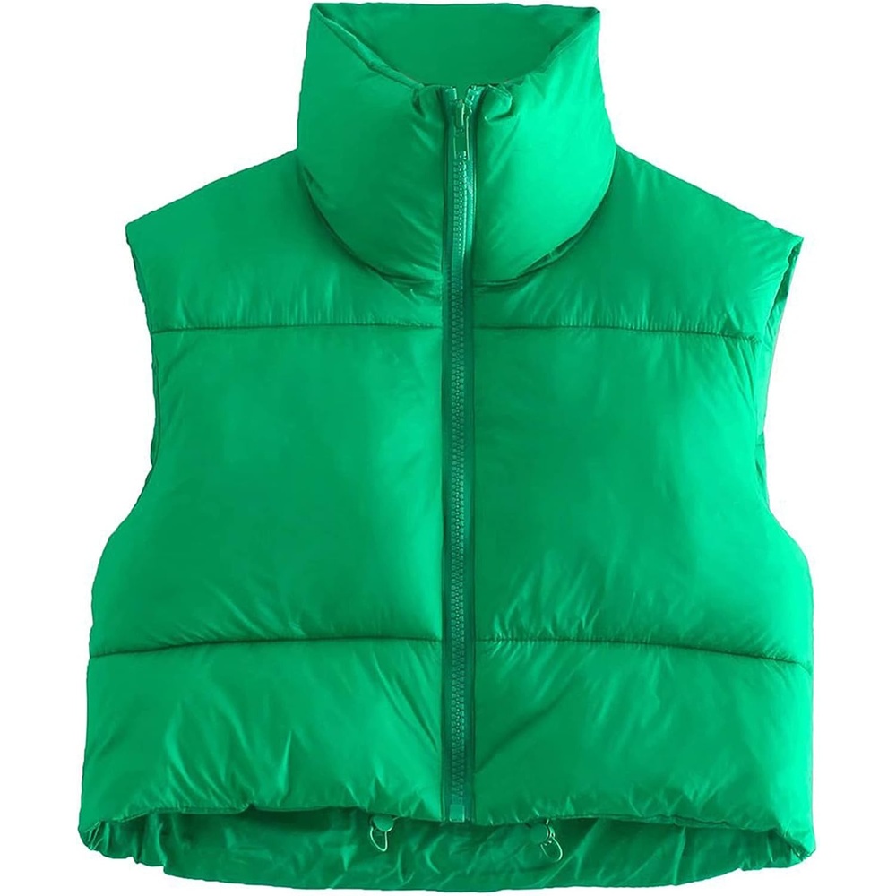 image:imageCropped Puffer Vest Women Zip Up Stand Collar Sleeveless Padded Crop Puffy VestsGreen