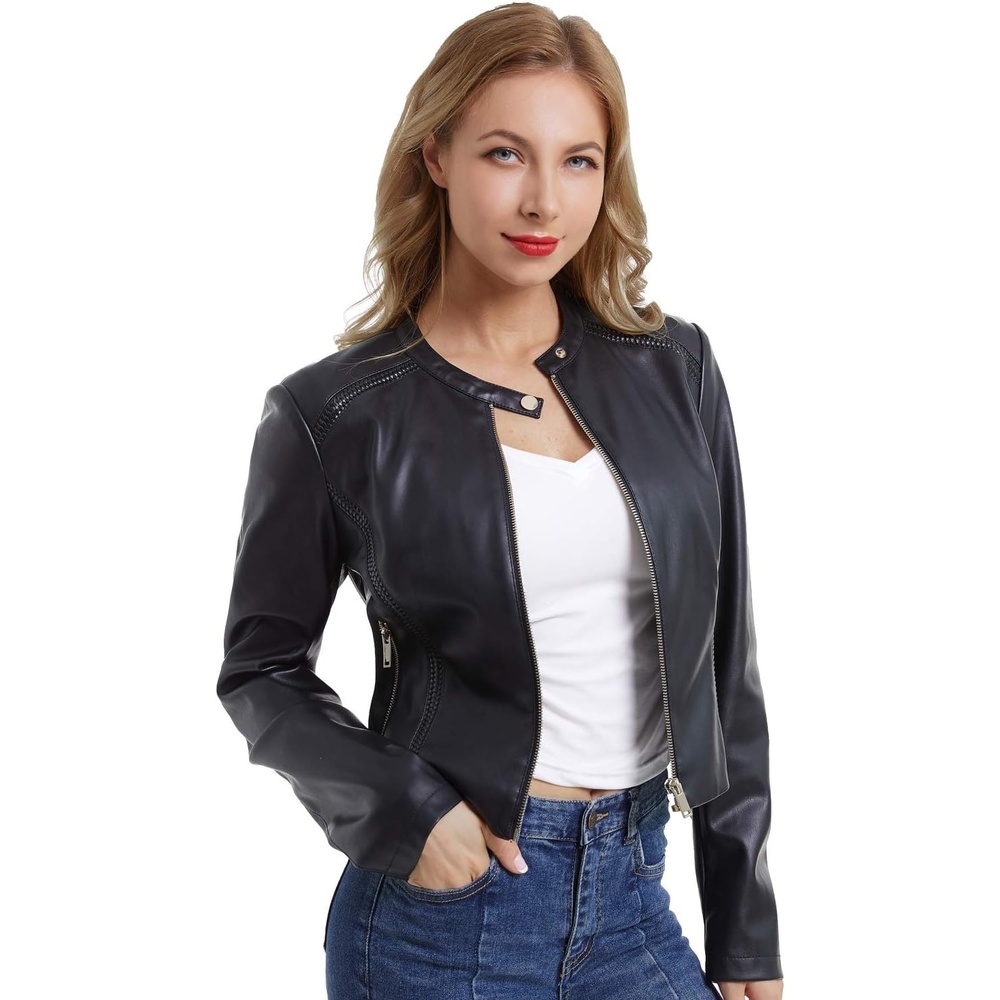 image:imageDIASHINY Faux Leather Jacket Women Cropped Motorcycle Biker Outwear Pu LeatherStretchStand Snap CollarZipper PocketsSlim Bodycon FitCasual DailyWomen Fashion Moto Bomber JacketBlack 047