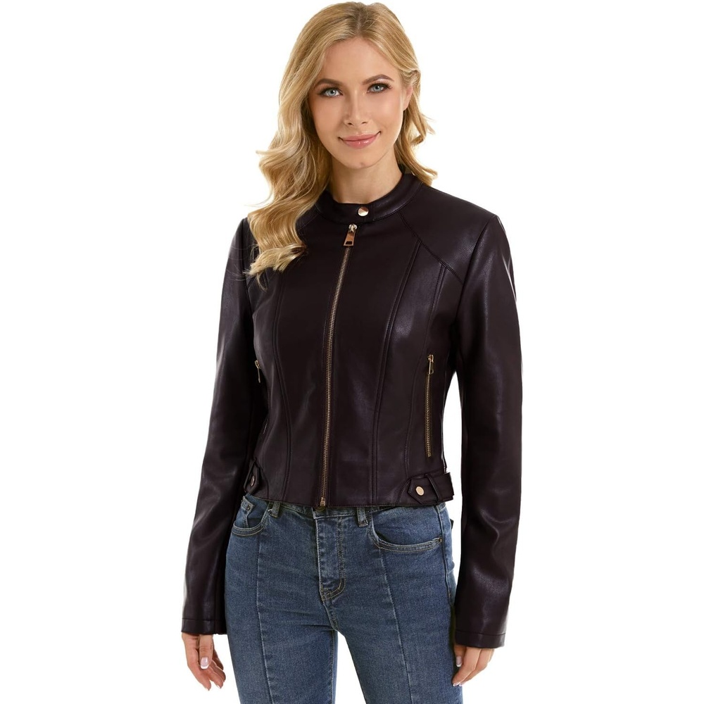 image:imageDIASHINY Faux Leather Jacket Women Cropped Motorcycle Biker Outwear Pu LeatherStretchStand Snap CollarZipper PocketsSlim Bodycon FitCasual DailyWomen Fashion Moto Bomber JacketBlack 048