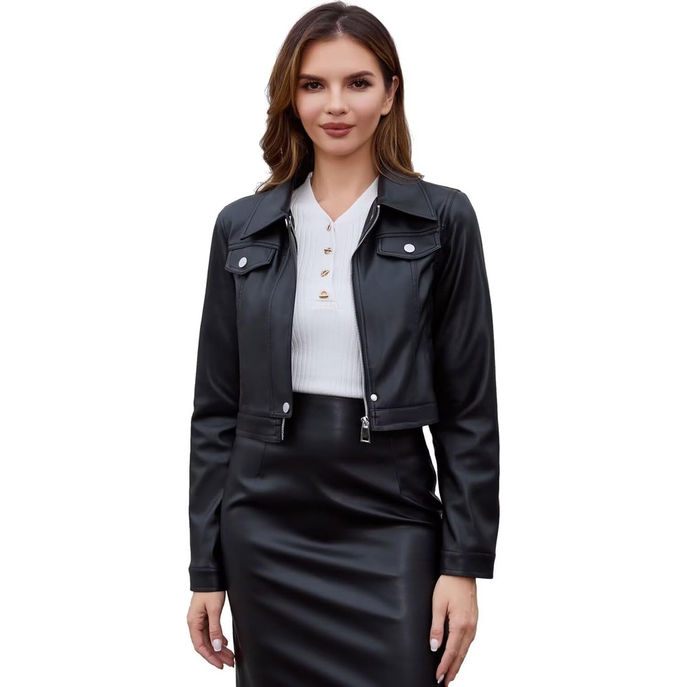 image:imageDIASHINY Faux Leather Jacket Women Cropped Motorcycle Biker Outwear Pu LeatherStretchStand Snap CollarZipper PocketsSlim Bodycon FitCasual DailyWomen Fashion Moto Bomber Jacket126 Black