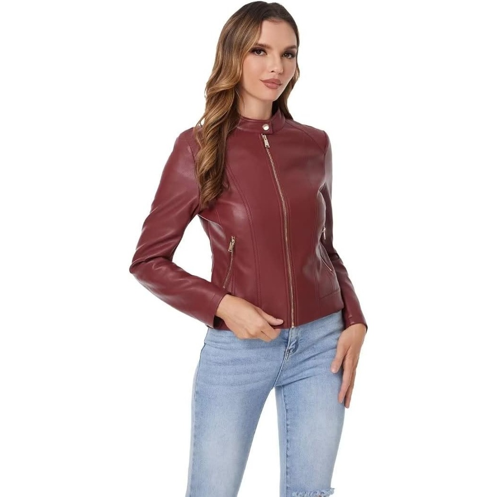 image:imageDIASHINY Faux Leather Jacket Women Cropped Motorcycle Biker Outwear Pu LeatherStretchStand Snap CollarZipper PocketsSlim Bodycon FitCasual DailyWomen Fashion Moto Bomber JacketWine Red 006