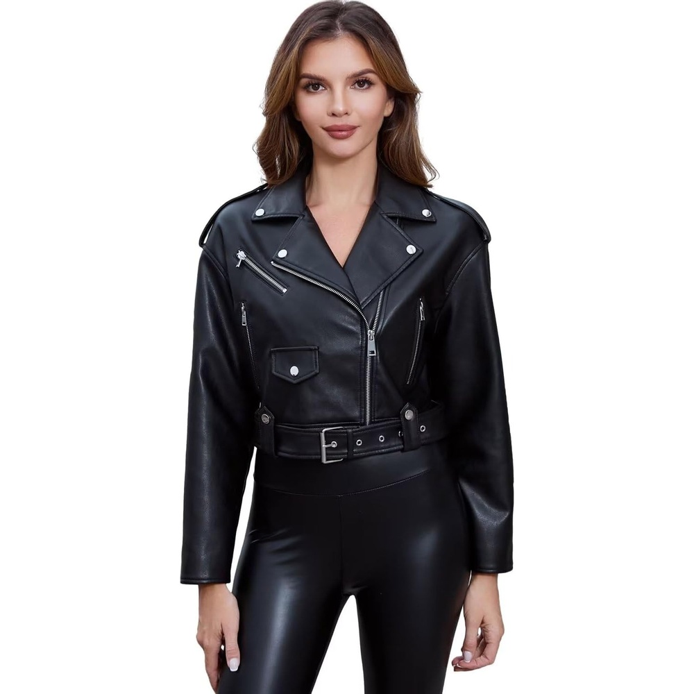 image:imageDIASHINY Women Faux Leather Jacket Slim Belted PU Moto Coat Pu Faux Leather Notch Lapel Asymmetrical Zipper Adjustable Belt Slim Fit Casual Party Women Cropped Biker Jacket127 Black