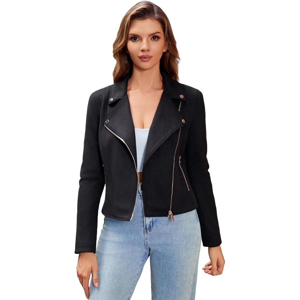 image:imageDIASHINY Women Faux Leather Jacket Slim Belted PU Moto Coat Pu Faux Leather Notch Lapel Asymmetrical Zipper Adjustable Belt Slim Fit Casual Party Women Cropped Biker Jacket143 Black