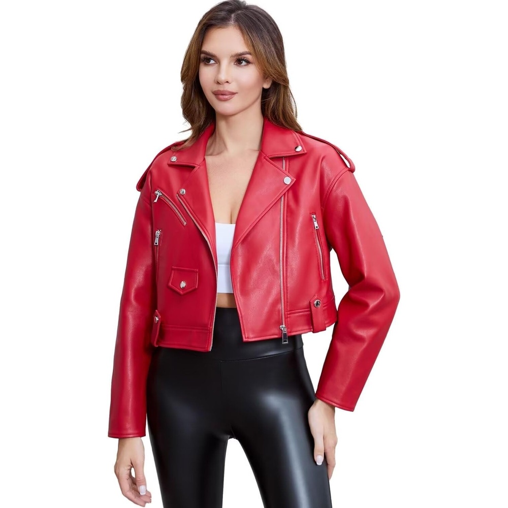 image:imageDIASHINY Women Faux Leather Jacket Slim Belted PU Moto Coat Pu Faux Leather Notch Lapel Asymmetrical Zipper Adjustable Belt Slim Fit Casual Party Women Cropped Biker Jacket127 Red