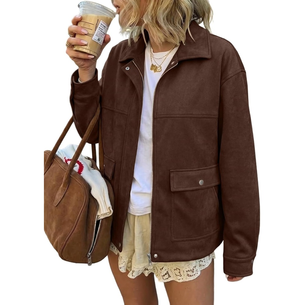 image:imageEVALESS Womens Faux Suede Jacket Fall Fashion Casual Winter Coats Outerwear Vintage Trendy Lapel Collar Zip Up Bomber Jackets with PocketsLoose Fit Travel Western Cowgirls OutfitsBusiness CasualBrown