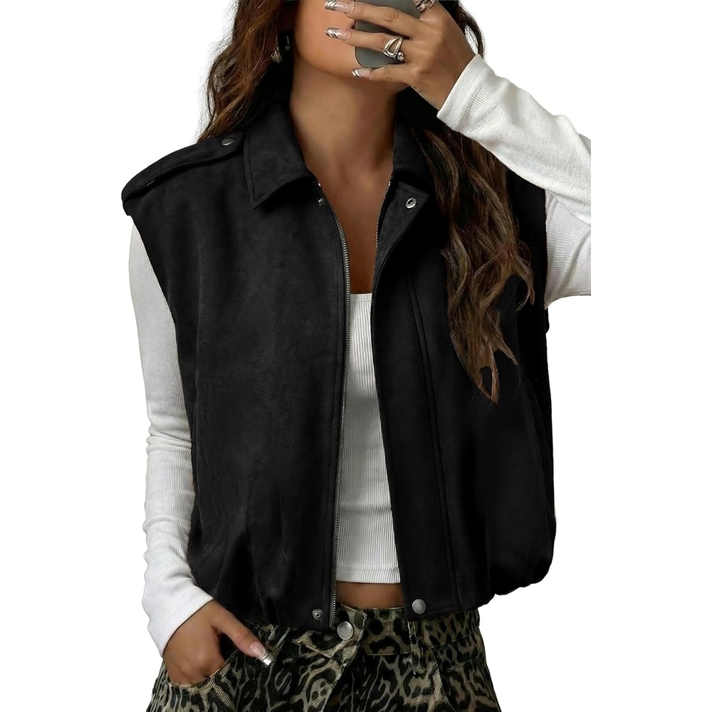 image:imageEVALESS Womens Vest Faux Suede Sleeveless Jackets Fashion Spring 2026 Y2K Cropped Jacket Trendy Streetwear with PocketsBlack