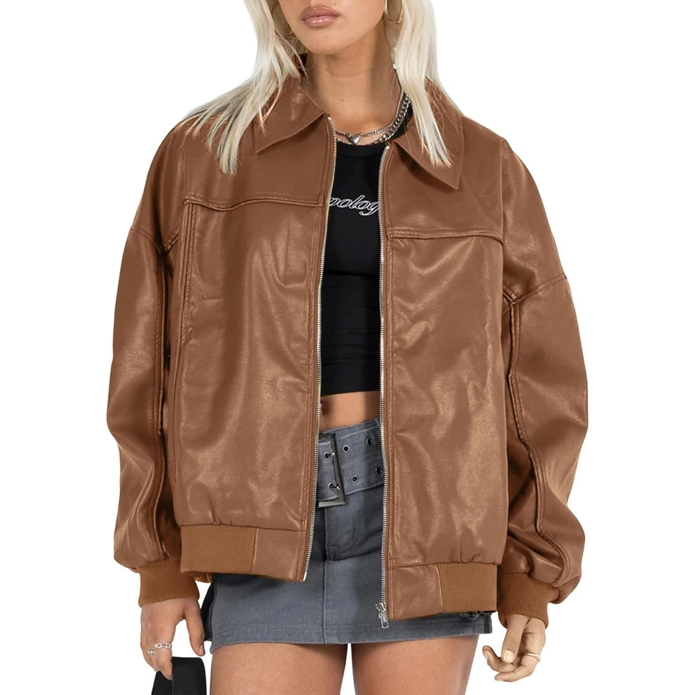 image:imageEsheSy Womens Oversized Leather Jacket Faux Suede Boyfriend Motorcycle Full Zip Bomber JacketKhaki