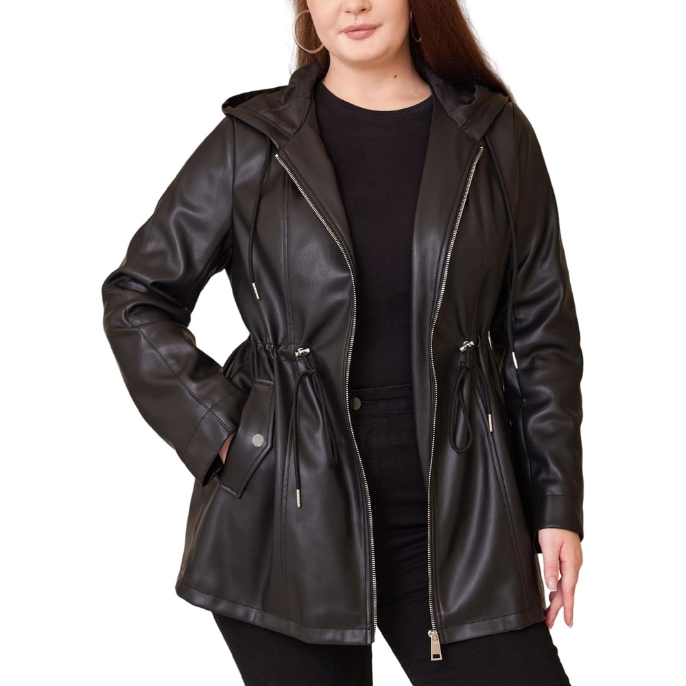 image:imageFaux Leather Jacket Women Plus Size Hooded Moto Biker Coat PU faux leatherlong sleevesadjustable drawstring waistattached hoodzipper closureside storage pocketsBlack 165