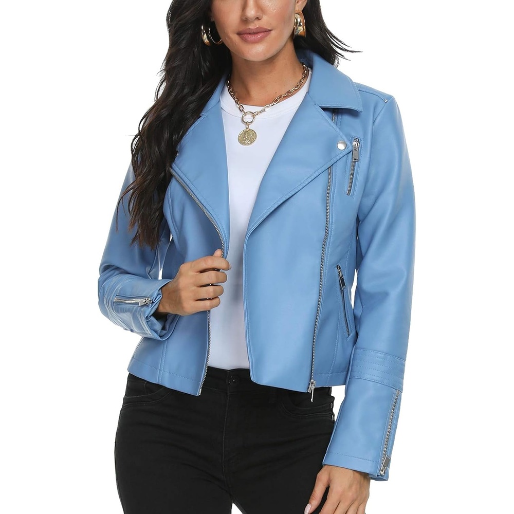 image:imageFaux Leather Jacket for Women Vegan Jackets Moto Biker Motocycle CoatBlue