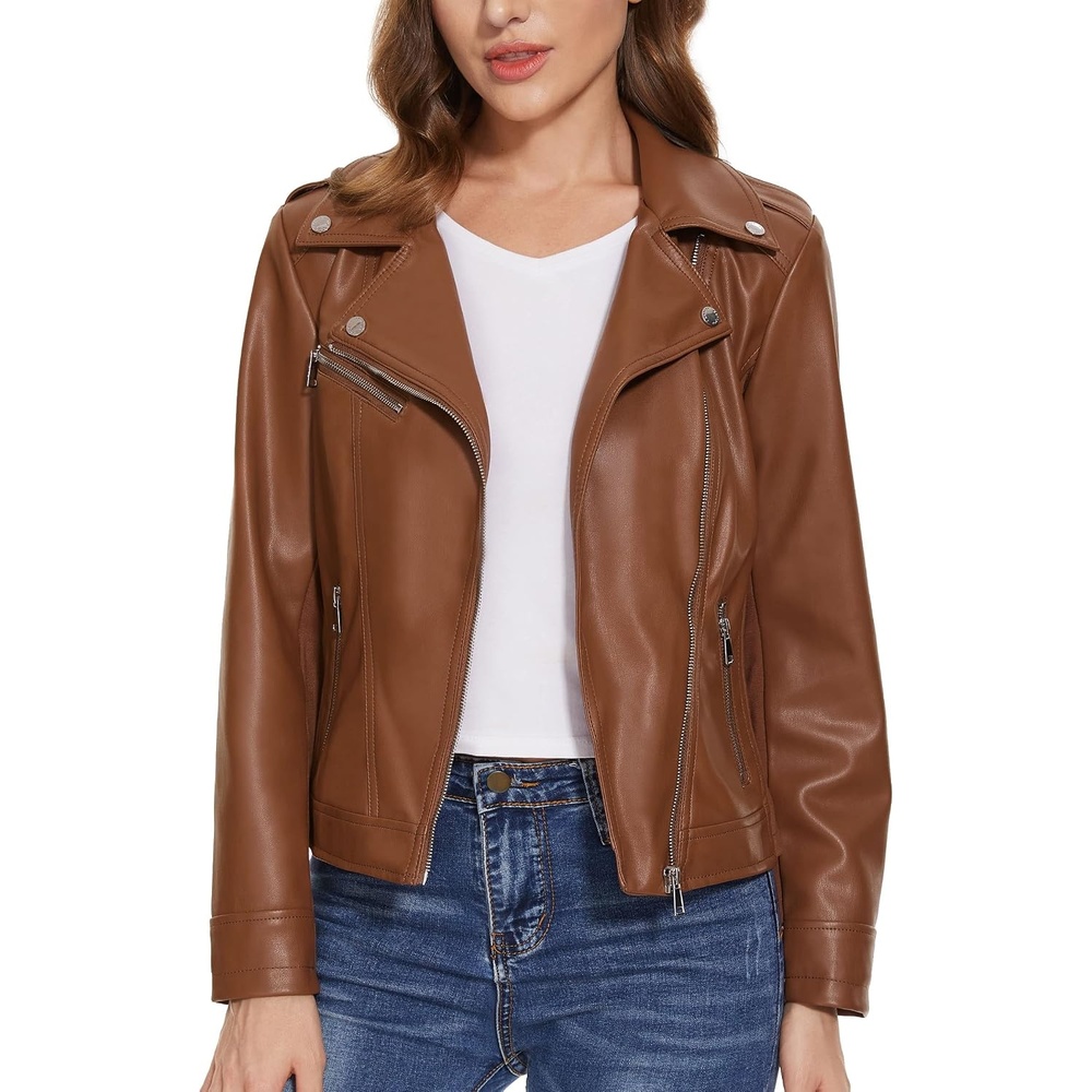 image:imageFaux Leather Jacket for Women Vegan Jackets Moto Biker Motocycle CoatBrown