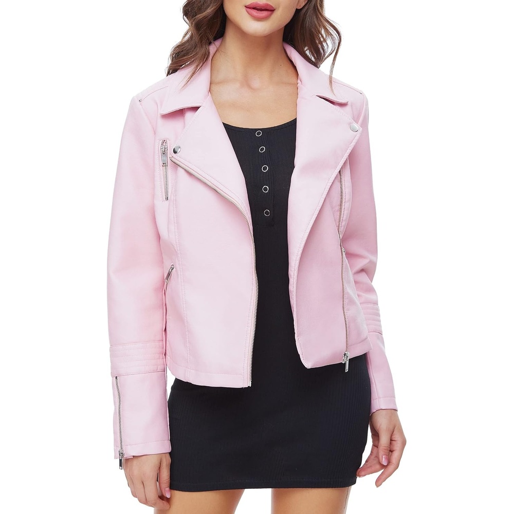 image:imageFaux Leather Jacket for Women Vegan Jackets Moto Biker Motocycle CoatPink
