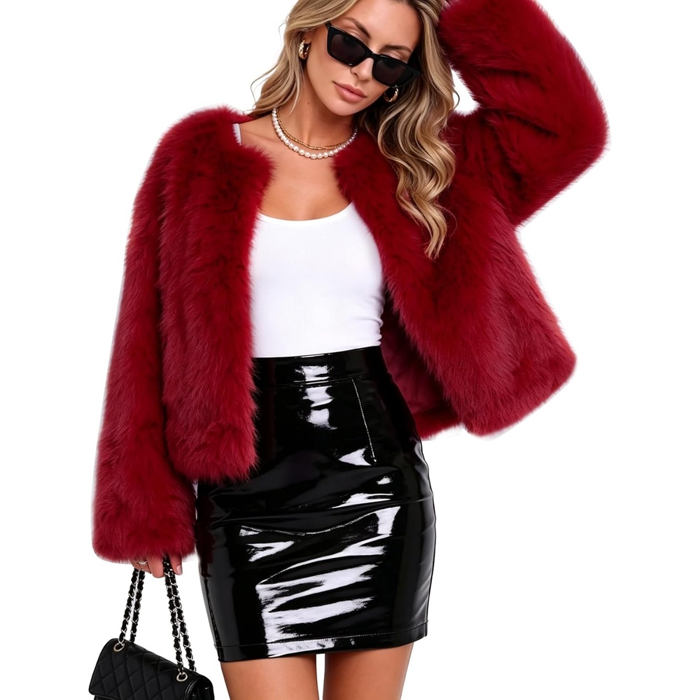 image:imageFlygo Womens Faux Fur Coat Winter Warm Cropped Fluffy Shaggy Jacket Smooth Lining Open Front Long Sleeve Snap Button 2 Pockets 2026 Luxury Fuzzy Outerwear Cardigan Going Out Wedding PartyRed