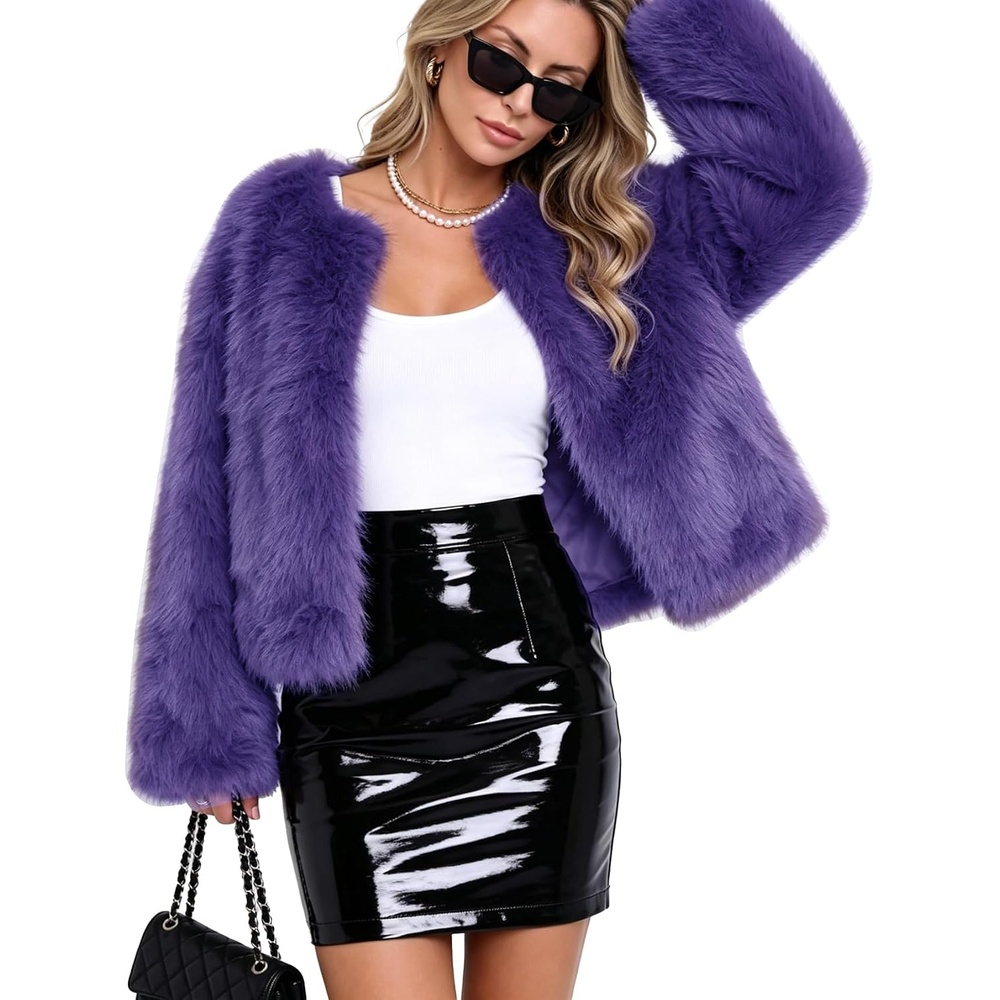 image:imageFlygo Womens Faux Fur Coat Winter Warm Cropped Fluffy Shaggy Jacket  Smooth Lining Open Front Long Sleeve Snap Button 2 Pockets 2026 Luxury Fuzzy Outerwear Cardigan Going Out Wedding PartyDeeppurple