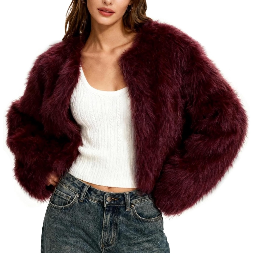 image:imageFlygo Womens Faux Fur Coat Winter Warm Cropped Fluffy Shaggy Jacket Smooth Lining Open Front Long Sleeve Snap Button 2 Pockets 2026 Luxury Fuzzy Outerwear Cardigan Going Out Wedding PartyWine