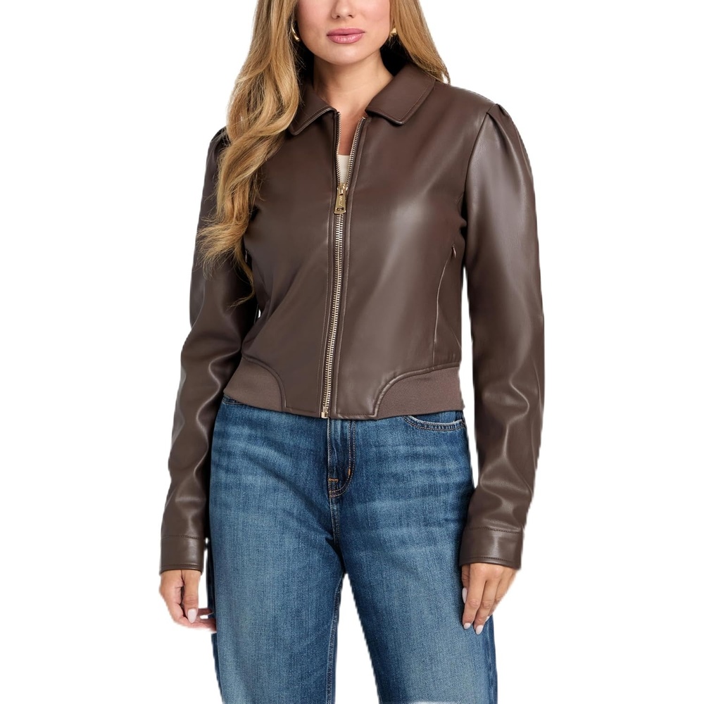 image:imageGUESS Womens Fancy Zipped Faux Leather Biker JacketChocolate Brownie